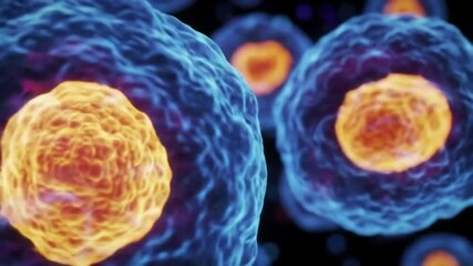 Poster - Detailed Blue and Orange Cells Microscopic View in Dark Background with Soft Lighting for Medical and Biological