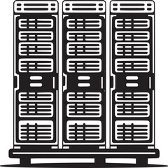 Poster - Server rack data center hosting it infrastructure network storage system technology black and white illustration on transparent background