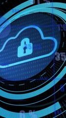 Poster - Animation of security padlock and cloud icon on round scanner against statistical data processing