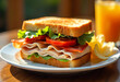 © Main - sandwich with ham and vegetables , A_ vibrant_ and_ appetizing_ club_ sandwich_ exp_ sandwich, bread, food, tomato, lettuce, cheese, ham, lunch, healthy.