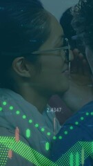 Poster - Animation of graphs with numbers over diverse woman whispering in ear of coworker