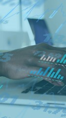 Poster - Animation of graphs and trading board over midsection of african american woman working on laptop
