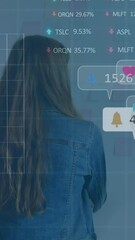 Poster - Animation of notification bars, graphs, trading boards, caucasian females analyzing reports