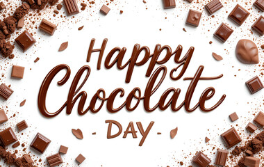 Aufkleber - Happy chocolate day text surrounded by chocolate pieces and cocoa powder on a white background