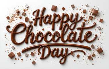 Aufkleber - Happy chocolate day text made of chocolate with chocolate pieces on a white background overhead shot