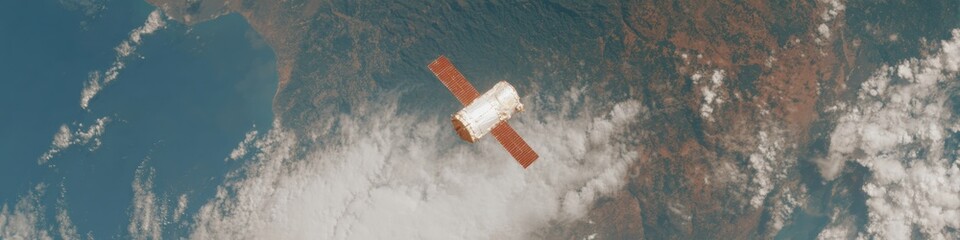 Poster - Sleek sentinel satellite with extended solar panels orbiting Earth, capturing dynamic planetary data for space-based environmental monitoring and cosmic stewardship
