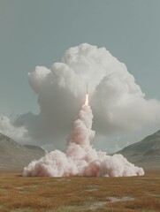 Poster - Futuristic Rocket Launch in Open Landscape with Dramatic Cloudscape Symbolizing Innovation, Growth, and Market Acceleration for Tech and Startup Promotion