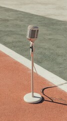 Fototapete - Vintage Heritage Microphone on Retro Stand with Mesh Grille in Minimalist Studio Setting for Professional Podcast and Audio Branding Use