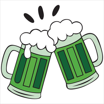 Two green beer mugs clinking vector,Green Beer Open Outline St.Patrick's Day Icon