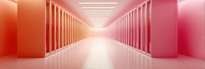 Poster - Futuristic Data Center Interior with Continuous Server Cluster Rows on Raised Flooring - High-Tech Infrastructure for Efficient Business Data Storage and Cloud Solutions