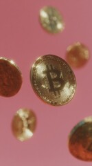 Fototapete - Floating Bitcoin Symbol with Blockchain Icons on Pink Background for NFT Marketplace and Digital Finance Advertising in Modern Crypto Trends