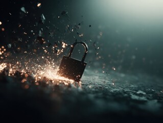 Poster - Exploding Data Padlock with Sparks and Shattering Fragments in Dark Moody Setting for Cybersecurity Risk and Digital Protection Advertising