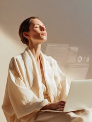 Poster - Futuristic AI Businesswoman Using Transparent Digital Interface on Laptop for Workflow Automation and Enhanced Productivity in Modern Enterprise Technology