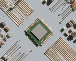Aufkleber - Quantum Analytics AI Chip with Detailed Circuitry and Digital Lines on Abstract Tech Background for Smart Automation and AI Development