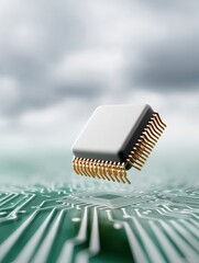 Aufkleber - Quantum Algorithm AI Chip with Gold Pins Hovering Over Circuit Board Close-Up Showing Transistors for Advanced Computational Innovation