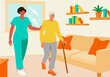 © Connect Images - A caregiver assisting an elderly person with a cane walking in a home living room setting. Supportive eldercare.