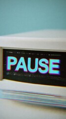 Poster - Vintage VHS Style Glitch Effect with PAUSE Text on TV Screen, Digital Distortion Banner for Retro Tech Marketing and Video Content Promotion