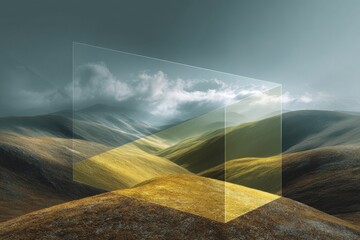 Poster - Futuristic Transparent Panels Over Rolling Hills Landscape with Dramatic Lighting in Digital Nature Visualization Trend