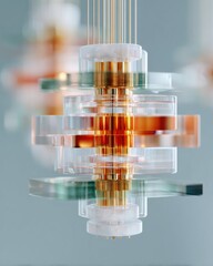 Aufkleber - Futuristic Quantum Computer Hardware with Transparent Layers and Gold Components Representing Advanced Computing Speed and Next-Gen Technology Innovation