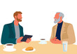 © Connect Images - Two men sit at a table with coffee, a tablet, and a plate of cookies in a minimalist setting. Illustration