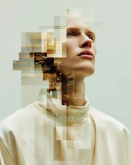 Poster - Futuristic Portrait of Male Model with Digital Glitch Effect and Minimalist Styling in Abstract High-Tech Conceptual