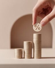 Poster - Minimalist Financial Growth Concept with Hand Stacking Coins and Percentage Symbol, Rising Dividend Graph, Modern Banking and Investment Promotion