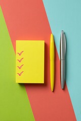 Poster - Colorful checklist and pens on vibrant geometric background for task management and productivity - modern planning and organization concept