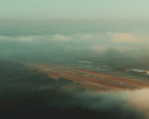 Fototapete - Aerial View of Airport Operations Hub at Sunrise with Runways and Urban Landscape Highlighting Global Connectivity and Modern Transportation Trends
