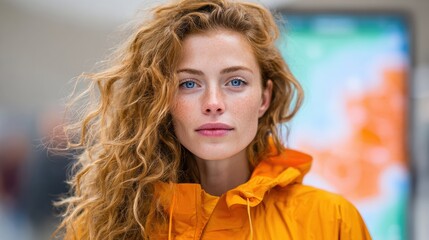 Aufkleber - Young Woman in Orange Weather Jacket with Digital Forecast Display in Background for Modern Climate Monitoring and Real-Time Data Analysis