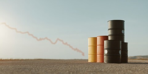 Poster - Professional Stock Image of Brent Oil Barrels with Falling Price Chart Authentic Industrial Crisis Concept for Business Marketing and Economic Reports