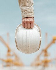 Poster - Bridge Inspection with Civil Engineer Holding Hard Hat Overlooking Construction Site Featuring Cranes and Steel Beams for Recruitment and Leadership Promotion