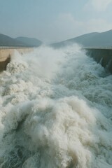 Aufkleber - Powerful Flood Barrier Dam Gates Releasing Turbulent Water Flow Over Concrete Structure for Modern Infrastructure and Environmental Control Solutions