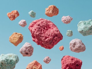 Poster - Colorful Floating Asteroid Debris Cluster with Detailed Texture on Blue Sky Background for Cosmic Evolution and Dynamic Transformation Concept