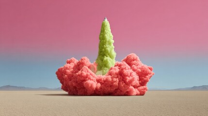Poster - Vibrant Commercial Rocket Launch in Desert with Dramatic Colored Smoke Clouds Symbolizing Power, Innovation, Market Disruption, and High Impact Advertising