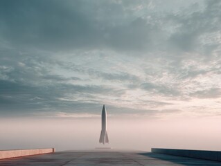 Aufkleber - Futuristic Space Rocket on Concrete Launch Pad at Dawn with Dramatic Cloudscape for Aerospace Marketing and Innovation Campaigns