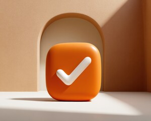 Poster - Bold orange vote button with white check mark in minimalist archway setting, symbolizing approval and digital confirmation for modern voting systems