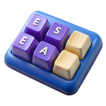 Close up of purple and beige keyboard keys with letters e s and a on a blue plastic base set