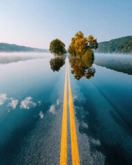 Poster - Flooded Road with Submerged Yellow Markings Amid Forest Landscape Highlighting Infrastructure Risk and Climate Adaptation Challenges