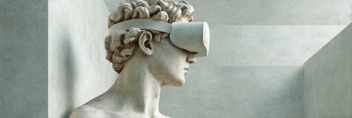 Poster - Classical Sculpture of David Wearing Virtual Reality Headset in Minimalist Setting Symbolizing Fusion of Art and Digital Innovation for Marketing
