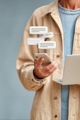 Poster - Modern Tech Business Concept with Man Using Smartphone and Laptop Featuring Virtual Chatbot Interface for Enhanced AI Client Communication