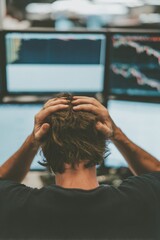 Aufkleber - Stressed Stock Trader at Chaotic Trading Desk with Multiple Monitors Showing Market Crash Financial Crisis Awareness and Uncertainty in Modern Finance