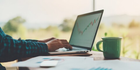 Poster - Modern Crypto Portfolio Management with Laptop and Trading Charts on Desk, Financial Documents and Coffee for Strategic Investment Growth