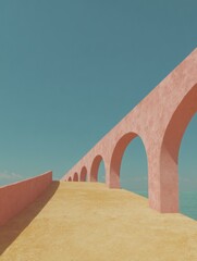 Aufkleber - Minimalist pastel aqueduct with archways under clear sky, modern architectural design showcasing calm spatial geometry and warm textures in bright daylight