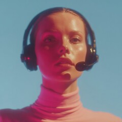 Poster - Futuristic Corporate AI Call Center Agent with Headset in Neon Lighting, Digital Communication Interface for Automated Support and Efficient Customer Service