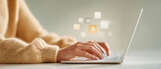 Poster - Digital Workflow Optimization with Progress Tracker on Laptop Featuring Productivity Charts and Connected Icons for Efficient Task Management
