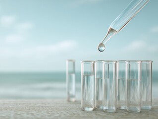 Leinwandbilder - Transparent liquid drop from pipette into glass test tubes against soft ocean backdrop for innovative clinical testing and laboratory research concepts