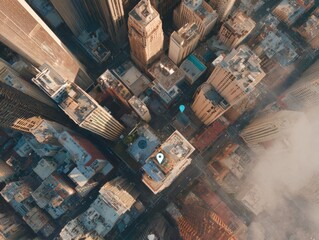 Aufkleber - Aerial View of Modern Cityscape with Digital Location Markers Highlighting Smart Urban Navigation and Real-Time Data for Tech and Business Innovation