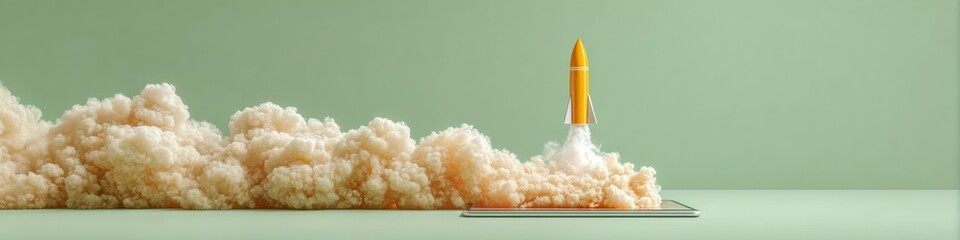 Poster - Tech-Inspired Rocket Launch from Tablet Screen with Vapor Cloud on Sleek Surface Digital Expansion and Breakthrough Business Innovation Concept