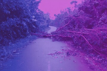 Aufkleber - Hurricane Damage with Fallen Tree Blocking Narrow Road in Dense Forest Representing Natural Disaster Impact and Infrastructure Recovery Challenges