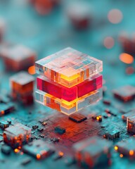 Poster - Quantum Chip Architecture with Layered Transparent Modules Floating Above Motherboard for Advanced AI and Next-Generation Computing Systems